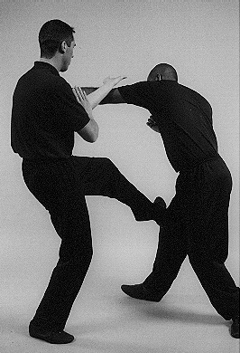 Wing Chun Wooden Dummy. Low kicking is a Wing Chun speciality. rarely used to break the leg, it is usually applied to offset's the balance. James Sinclair kicks low to the inside leg of Master Mark Phillips