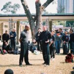 James Sinclair teaching in Hong Kong to a large outdoor audience at the 2nd World VTAA Conference. He was assisted by Master Mark Phillips of the London Wing Chun Academy. 2005.