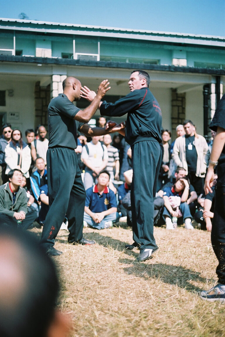 James Sinclair teaching in Hong Kong to a large outdoor audience at the 2nd World VTAA Conference. He was assisted by Master Mark Phillips of the London Wing Chun Academy. 2005.