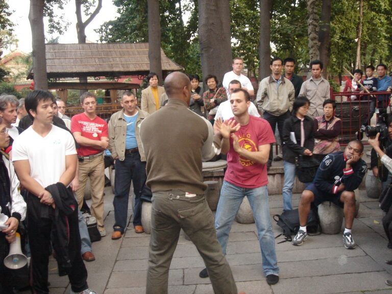 Master Mark Phillips with Master Nick Martin demonstrating for Si Gung Ip Chun in Foshan China