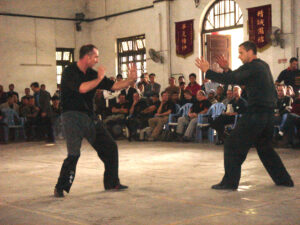 2005 Sifu Gary Cooper & Sifu Ashley Phillips demonstrate in the Ching Woo School, Foshan. This was for the VTAA 2nd World Conference.