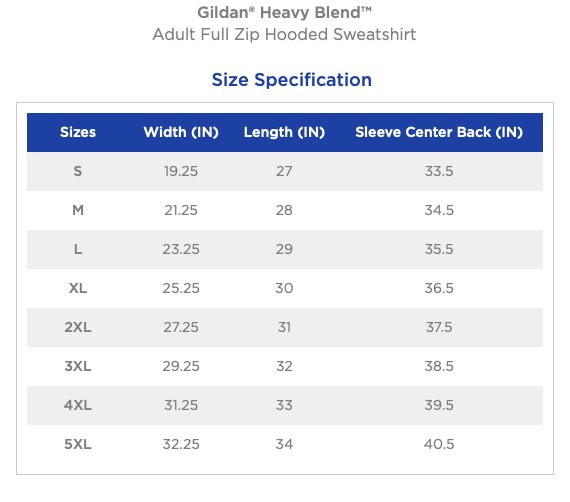 Gildan Size Sheet Specs for the new Wing Chun Hoodie